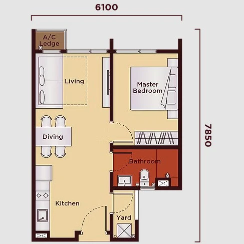 The Vividz Type A floor plan, 484 sq ft (1 Bedroom, 1 Bathroom) in Bukit Jalil, Kuala Lumpur