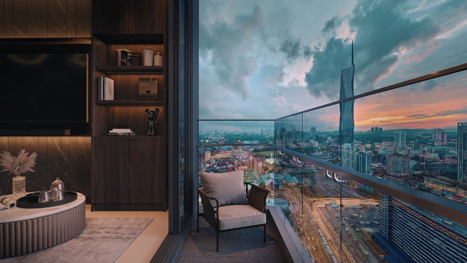 Balkoni unit Times Square 2 Residences dengan pemandangan skyline Kuala Lumpur