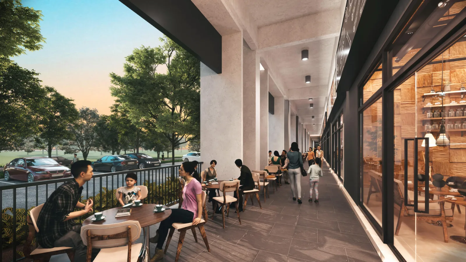 Laluan makan al-fresco Tuju Residences dalam podium runcit