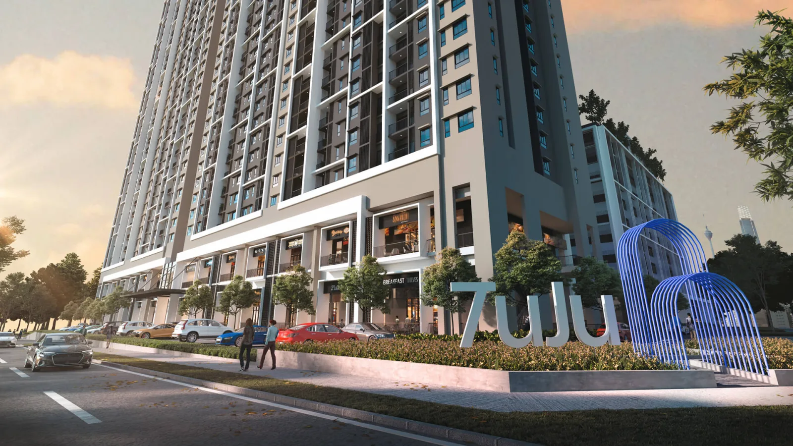 Tuju Residences 黄昏时分建筑外观,展现Duta North双子塔楼剪影