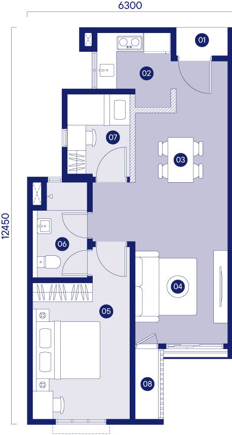 Tuju Residences Type A 户型图,710平方尺,1房+书房,1卫