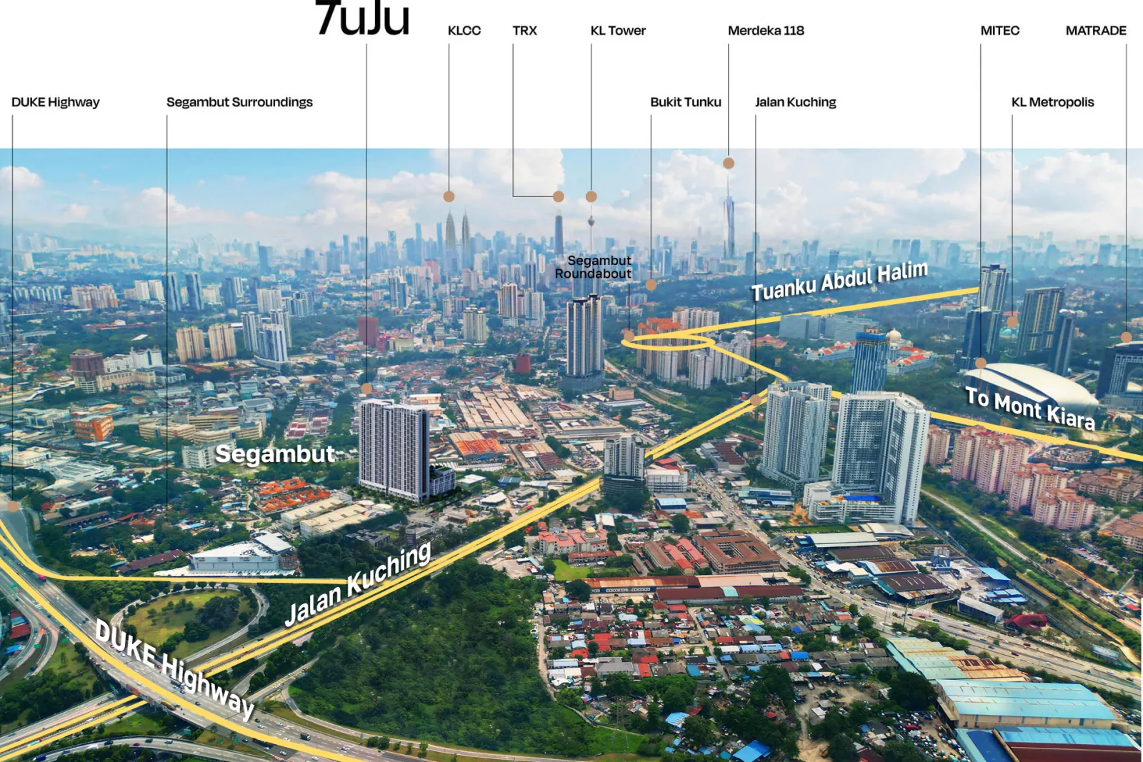 Peta lokasi Tuju Residences menunjukkan kedekatan dengan Jalan Kuching, KLCC dan MITEC