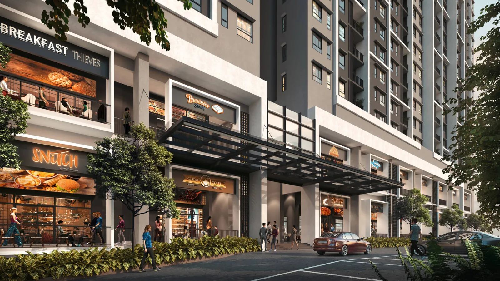 Pandangan podium kedai runcit dalam tapak Tuju Residences