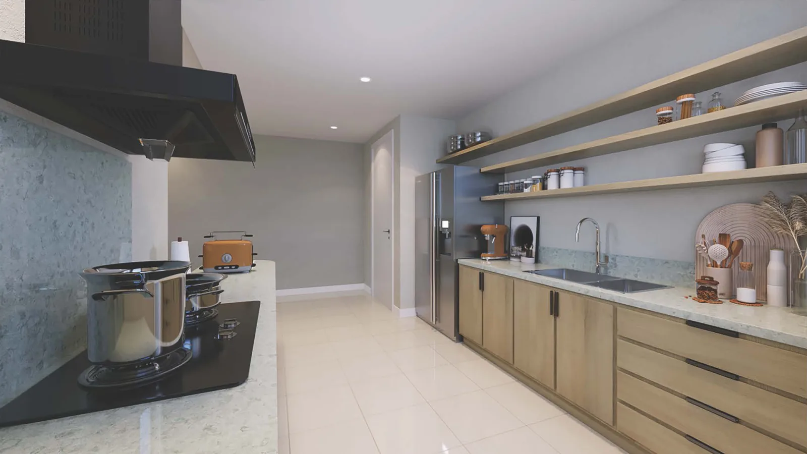 Dapur unit contoh Jenis D Tuju Residences dengan kabinet terbina dalam