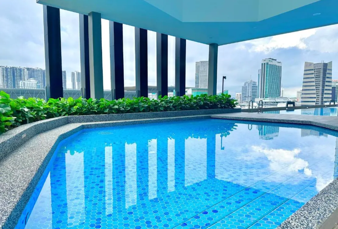 Twin Tower Residence swimming pool with covered colonnade walkway, Bukit Chagar in Bukit Chagar, Johor Bahru, Johor