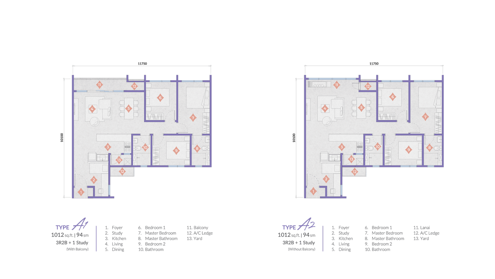 Veladaz Residences Type A floor plan, 1,012 sqft 3-bedroom 2-bathroom plus study layout in Bukit Jalil, Kuala Lumpur