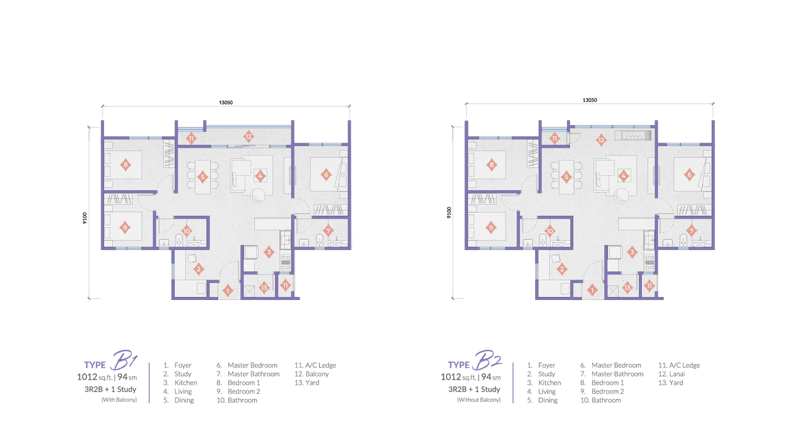 Pelan lantai Jenis B Veladaz Residences, susun atur 1,012 kaki persegi 3 bilik tidur 2 bilik air plus studi