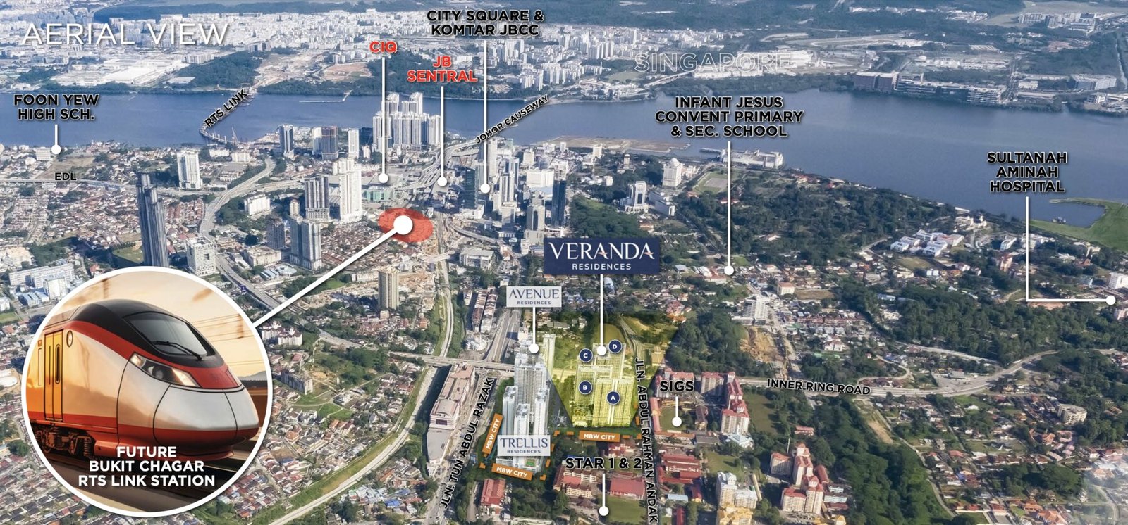 Veranda Residences 鸟瞰位置图，展示与新山 CIQ、新山中央车站及未来武吉查卡 RTS 关卡站的距离