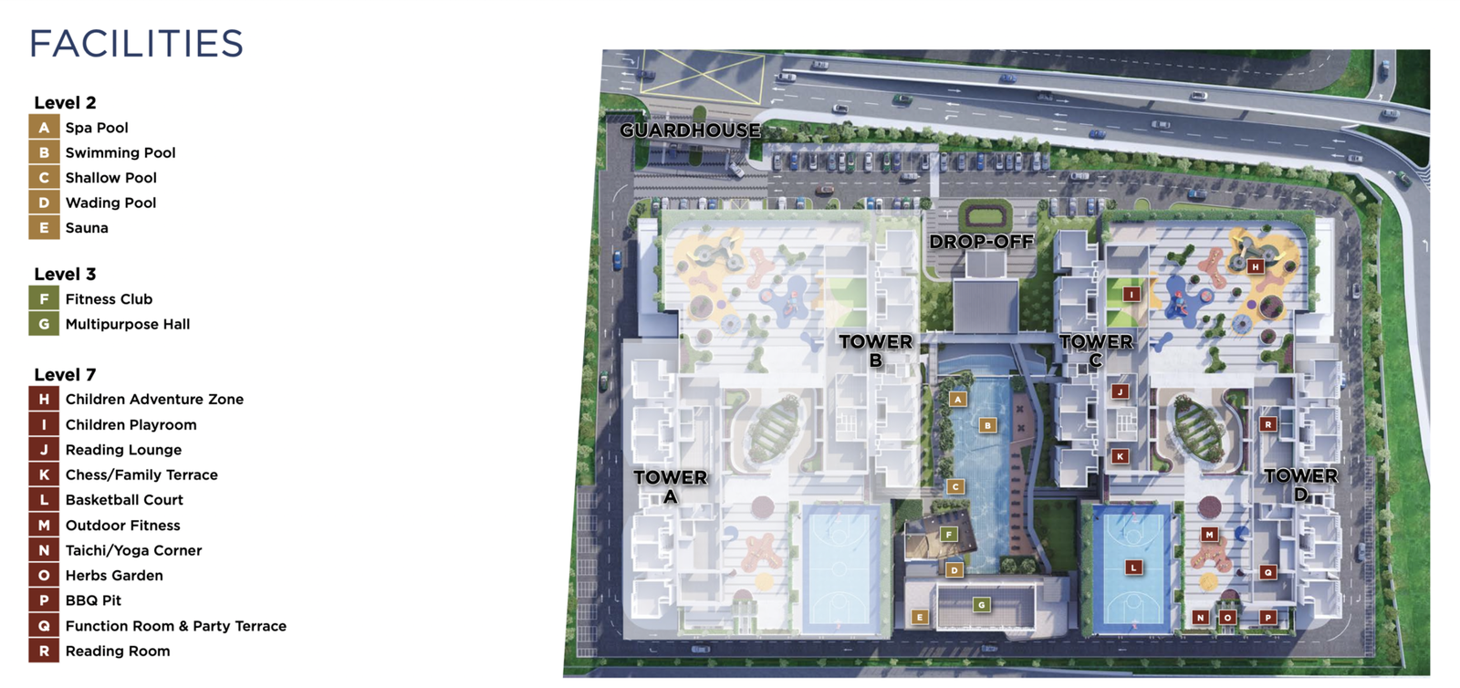 Veranda Residences 第2期 设施楼层平面图，展示泳池、健身房、儿童区与天台设施