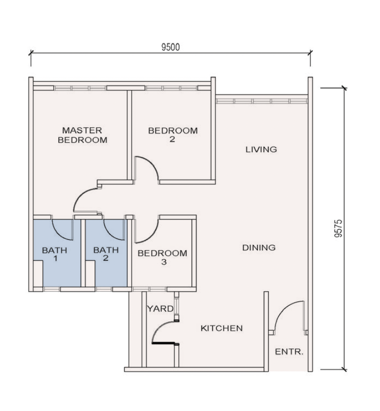 Veranda Residences 第2期 B户型平面图，850平方尺，3房2卫