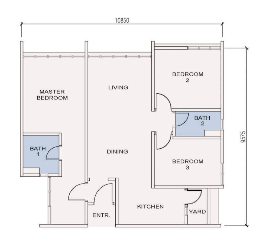 Veranda Residences 第2期 C户型平面图，1023平方尺，3房2卫