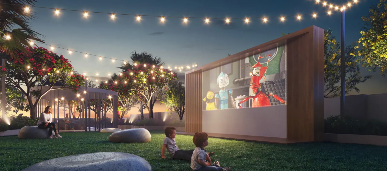 Veridian Residence outdoor cinema lawn with string lights at night in VTOWN, PJ South, Selangor