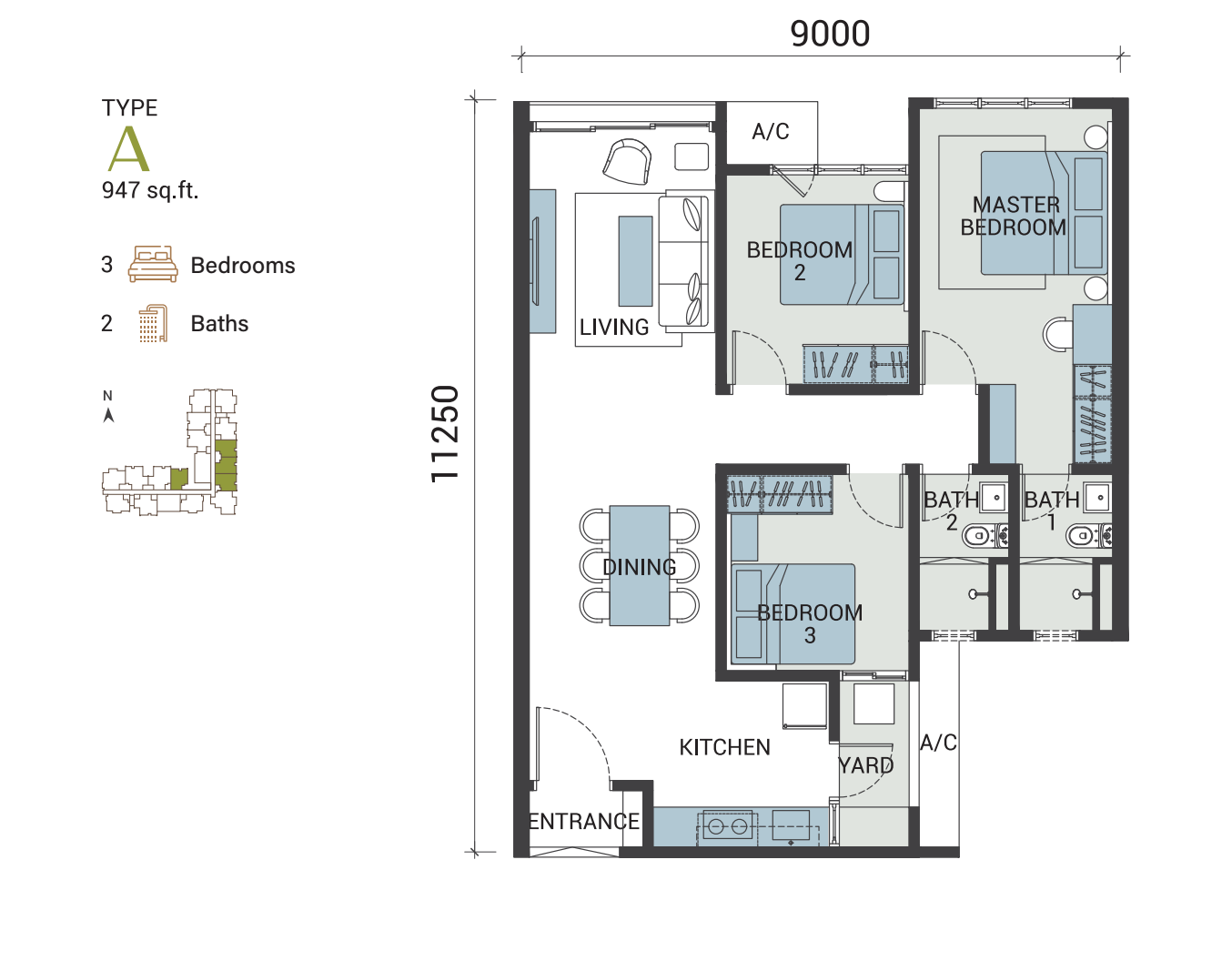 Veridian Residence Type A floor plan, 947 sq ft, 3 bedrooms 2 bathrooms in VTOWN, PJ South, Selangor