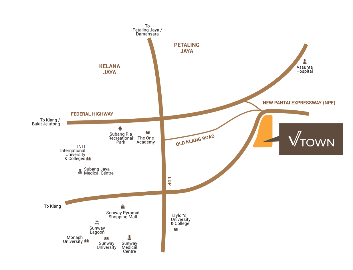 Veridian Residence VTOWN location and connectivity map showing NPE, LDP, Federal Highway and nearby universities in VTOWN, PJ South, Selangor