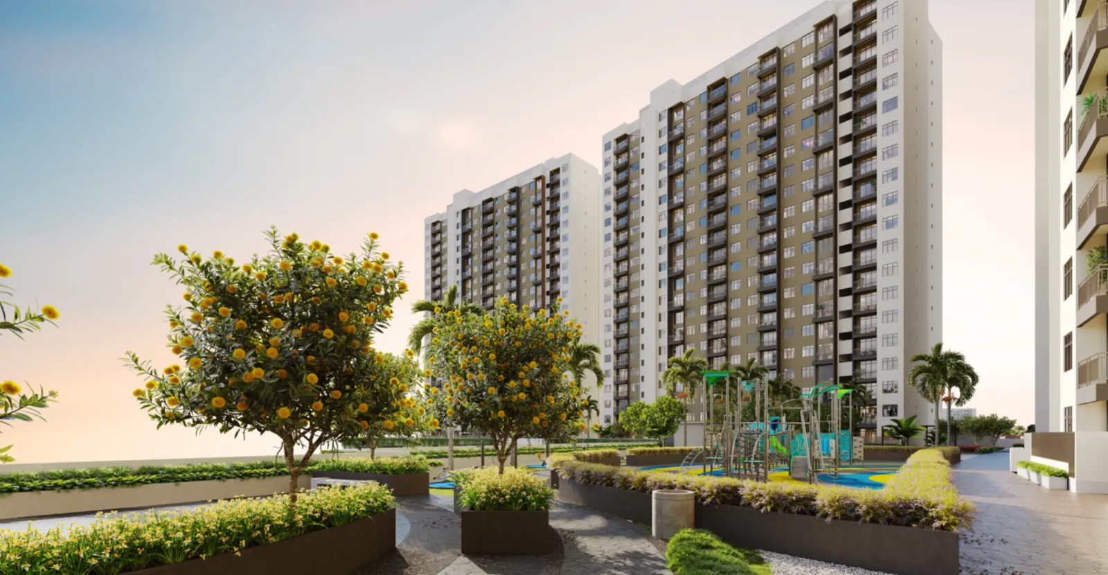 Verte Medini Residence 設施平臺兒童遊樂場，背景為四棟住宅大樓