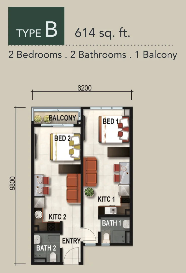 Verte Medini Residence B 型戶型圖 — 614 平方尺雙鑰匙格局，兩個獨立入口，2房2衛