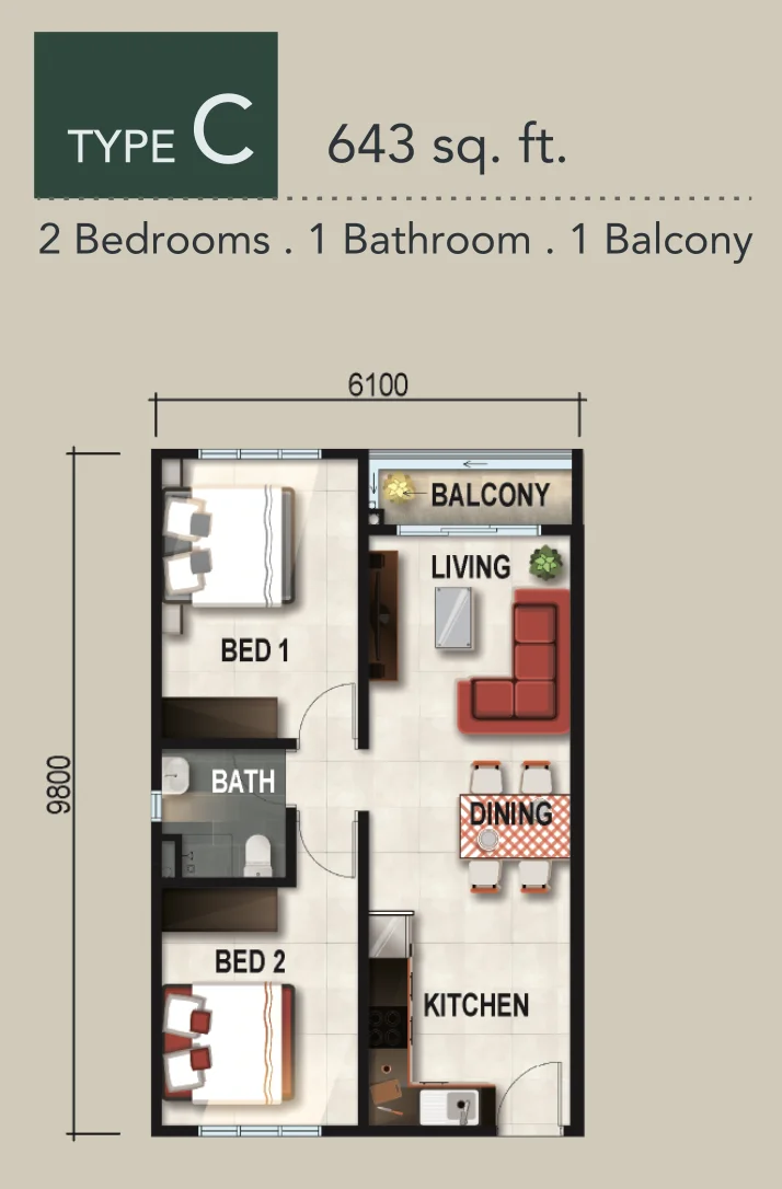 Verte Medini Residence C/C1 型戶型圖 — 643 平方尺，2房1衛，附陽臺