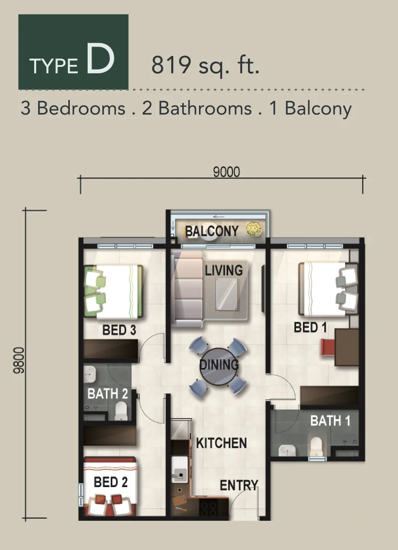 Verte Medini Residence D 型戶型圖 — 819 平方尺，3房2衛，附陽臺