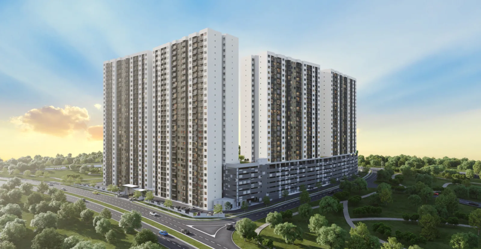 Verte Medini Residence 日間鳥瞰圖，可見四棟大樓與停車裙樓，緊鄰 Persiaran Medini Utara，依斯干達公主城