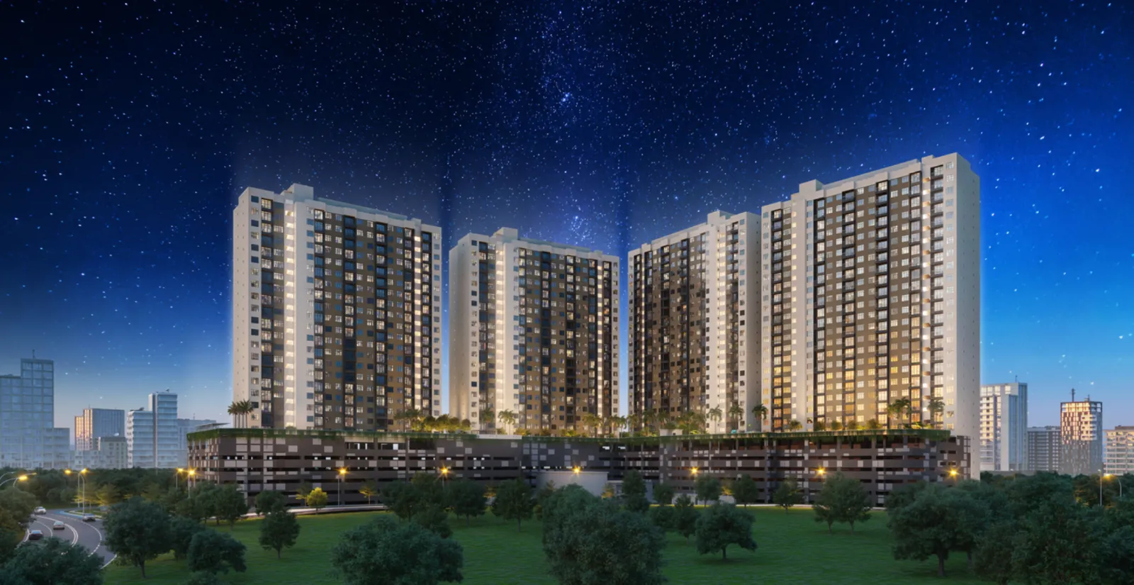 Verte Medini Residence 四棟大樓（A、B、C、D）夜間天際線景觀，坐落於美迪尼共享裙樓之上