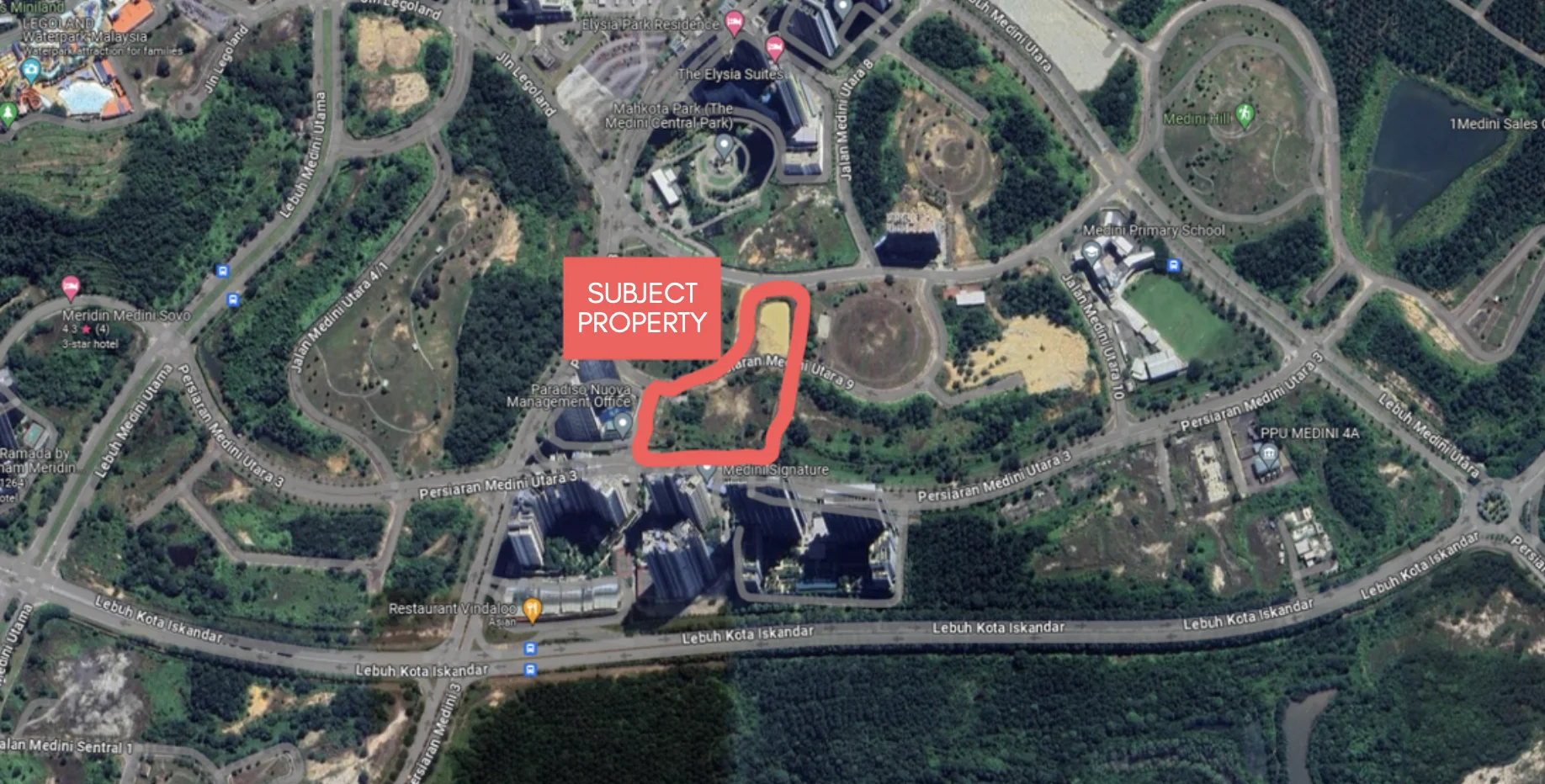 Verte Medini Residence 位置圖，標示項目坐落於美迪尼，靠近馬來西亞樂高樂園、美迪尼中央公園及第二通道路線