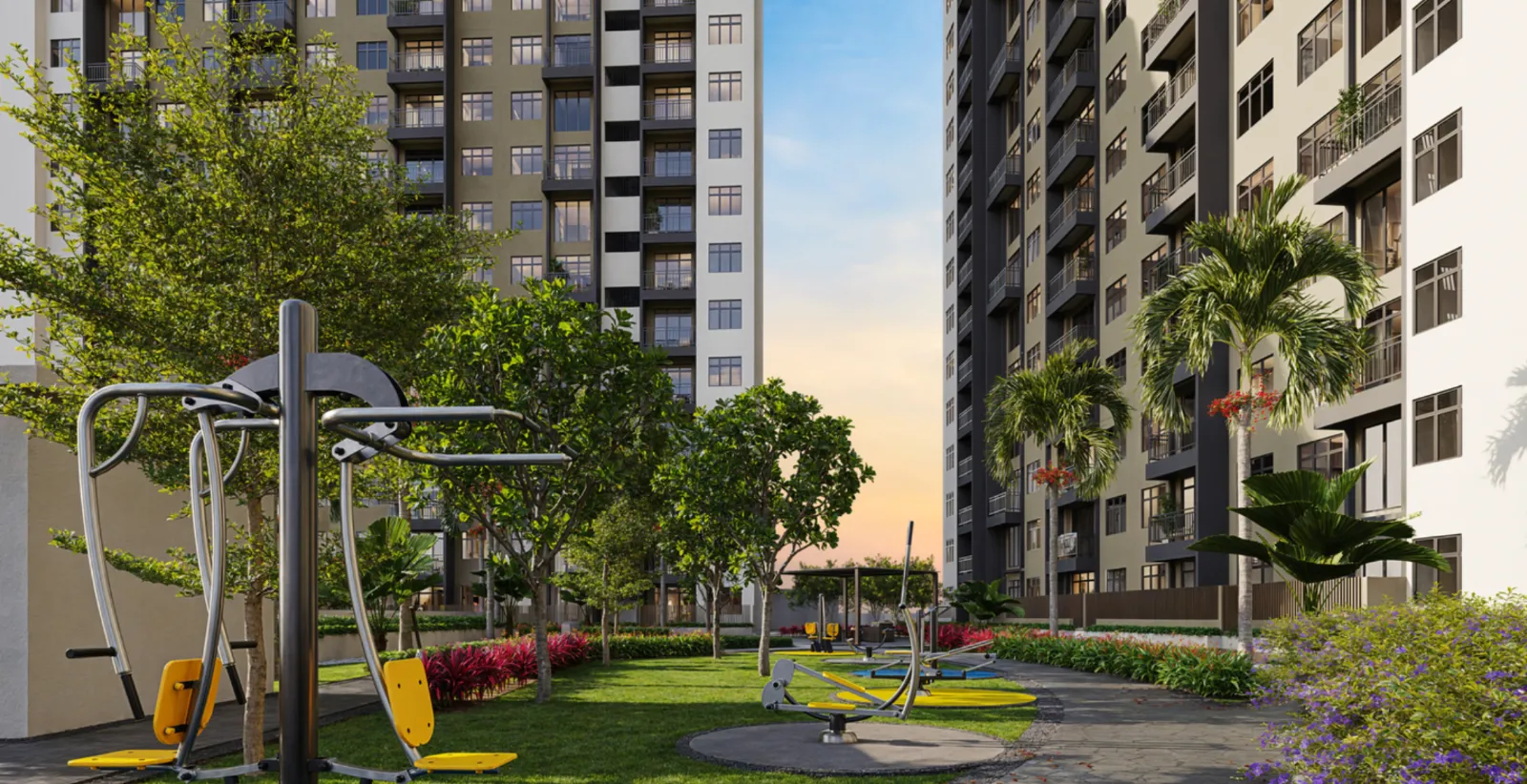 Verte Medini Residence 第8層戶外健身房，夕陽下坐落於塔樓間的園景花園