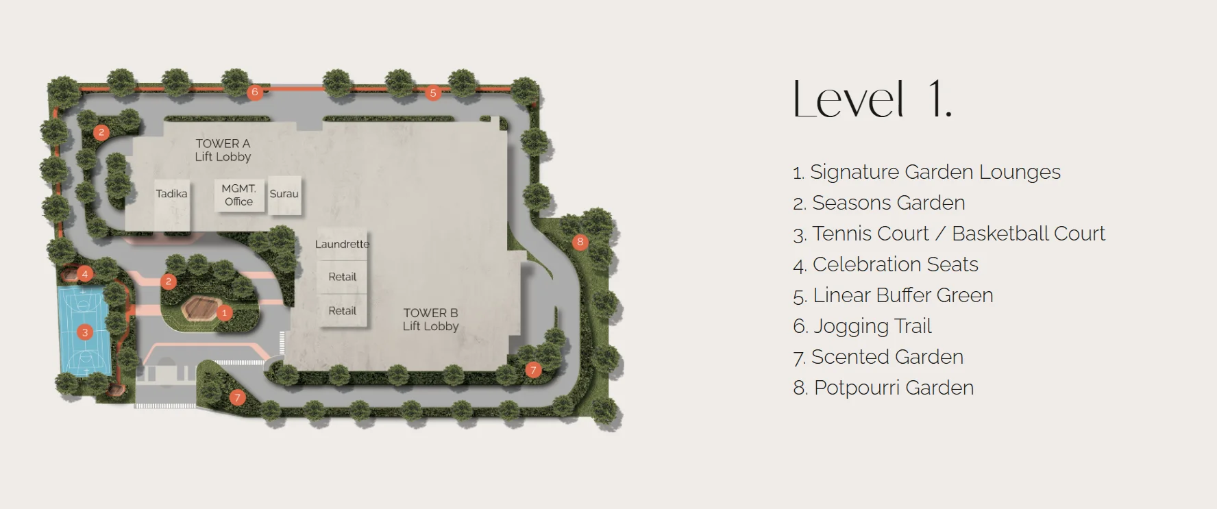 Pelan kemudahan Tingkat 1 Vista Lavender menampilkan Ruang Santai Taman Signature dan gelanggang bola keranjang
