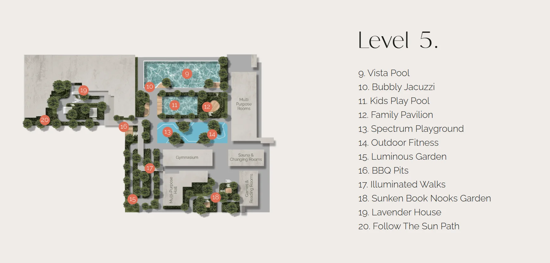 Pelan kemudahan Tingkat 5 Vista Lavender menampilkan Vista Pool, gimnasium dan paviliun keluarga