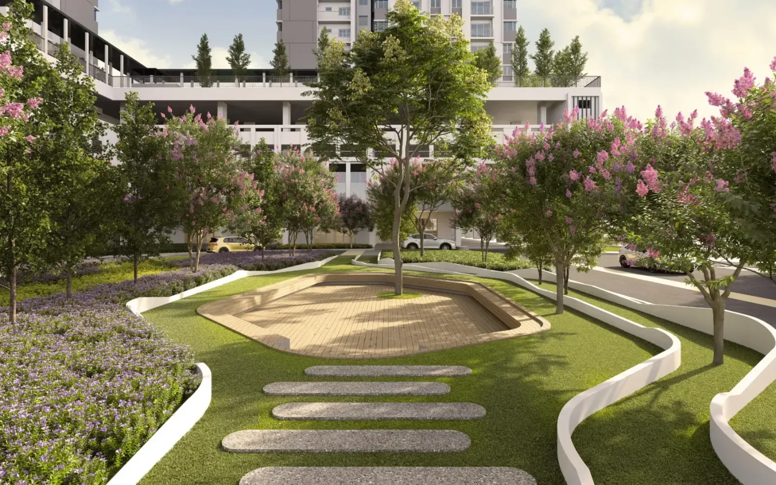 Dek santai Taman Signature lekuk Vista Lavender dikelilingi landskap terpilih
