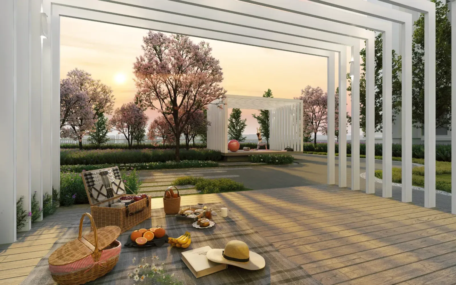 Pergola yoga luar dan dek picnic Vista Lavender waktu senja, Ruang Santai Taman Signature