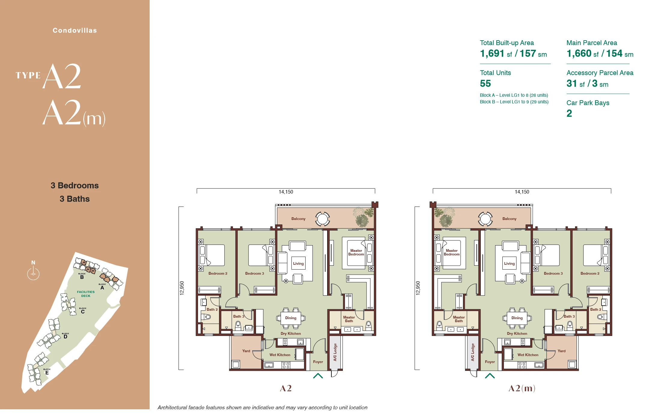 Zenia @ ParkCity Damansara Condovilla Type A2 floor plan — 1,691 sqft, 3 bed 3 bath