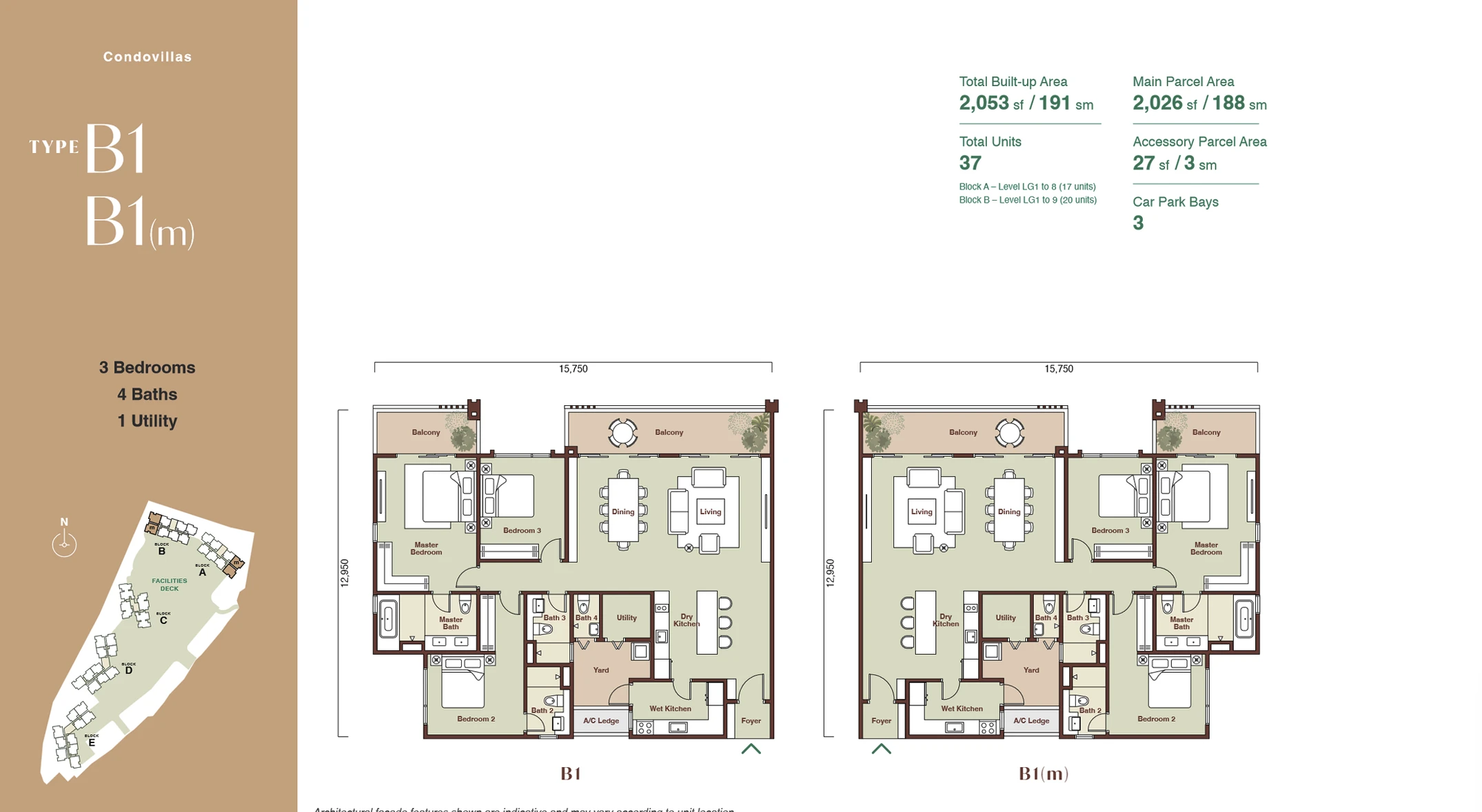 Zenia @ ParkCity Damansara Condovilla Type B1 floor plan — 2,053 sqft, 3+1 bed 4 bath