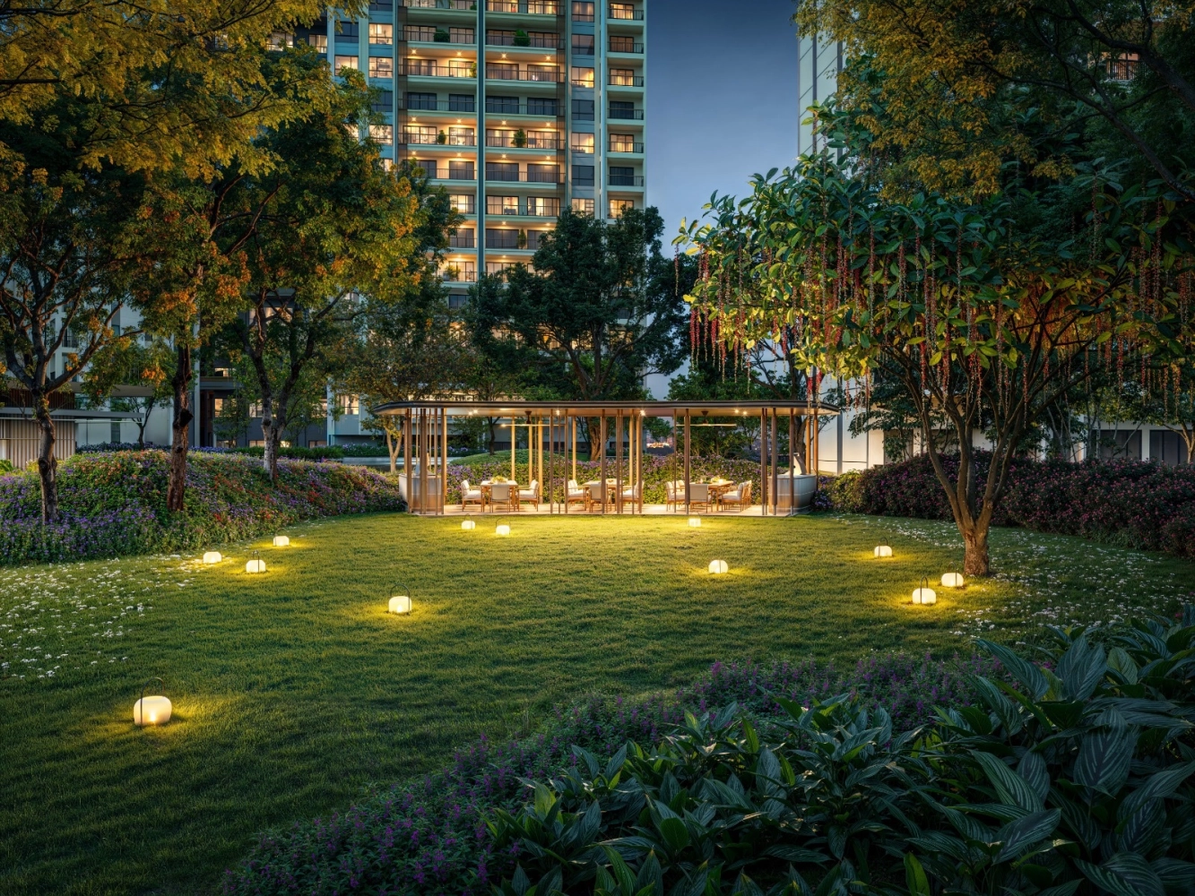 Zenia @ ParkCity Damansara garden pavilion facility at dusk in Petaling Jaya